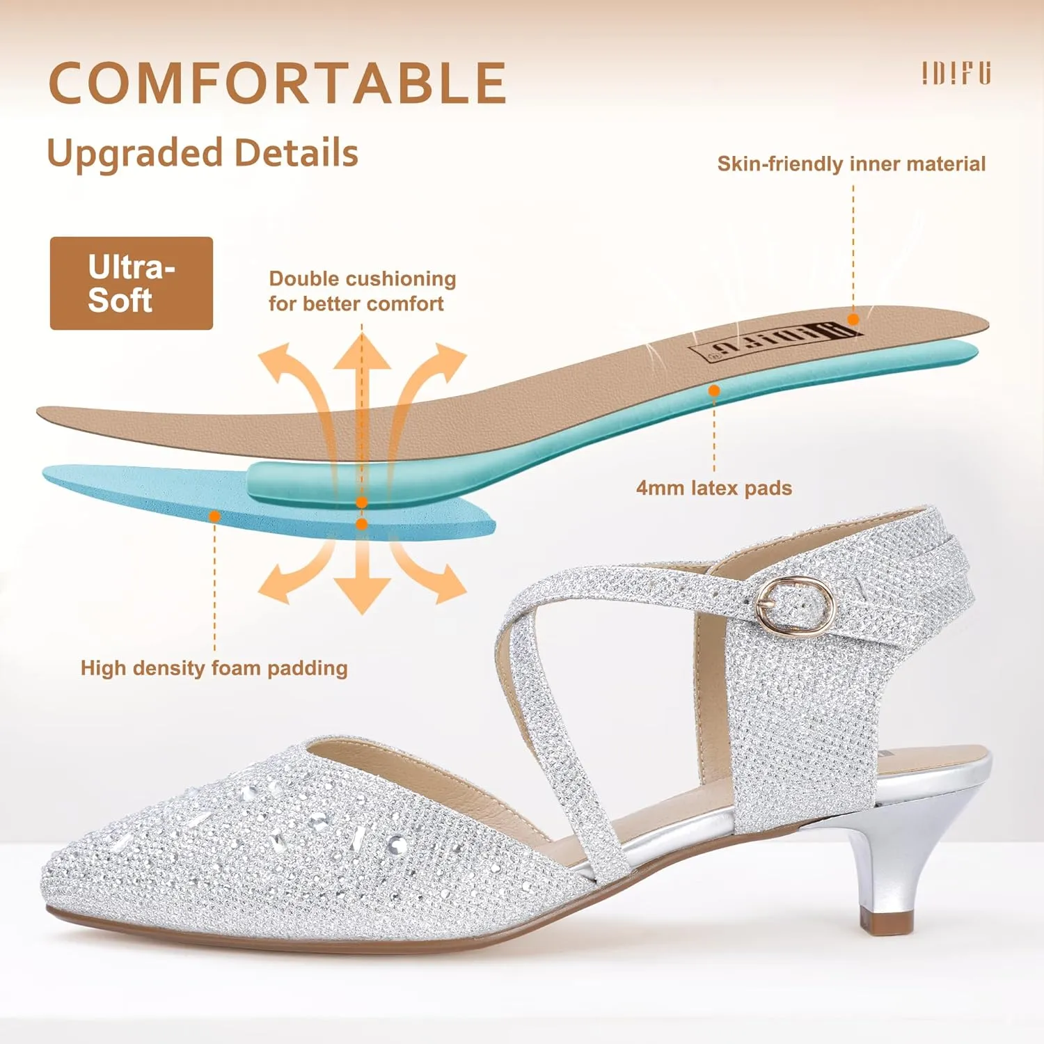 IDIFU Women's Sequins Wedding Kitten Small Heel Shoes Ankle Strap Bridal Bride Dance Dress Shoes - Silver Gold Black