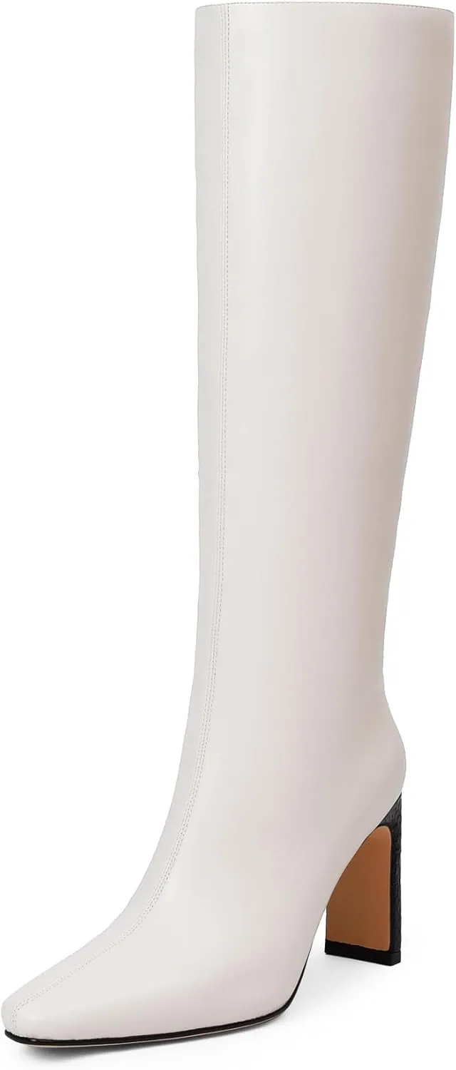 iiimmu Knee High Boots for Women 3.5 IN Block Heel Comfortable Tall Boots Square Toe Faux Leather Fall Boots