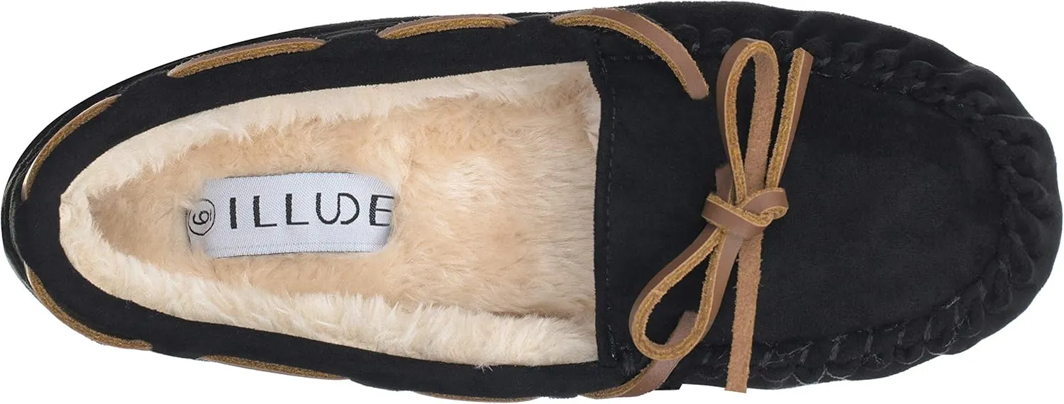 ILLUDE Women’s Moccasin Slipper Vegan Suede Faux Fur Lined Indoor Outdoor Moccasins Slip On Loafers Moccasins Shoes