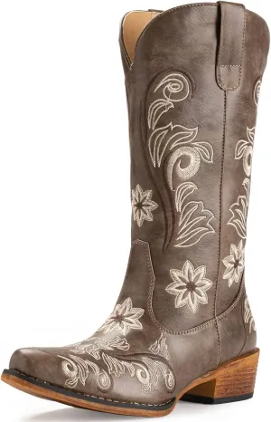 IUV Cowboy Boots For Women Mid Calf Cowgirl Boots Embroidered Pull-On Tabs Snip Toe Boot