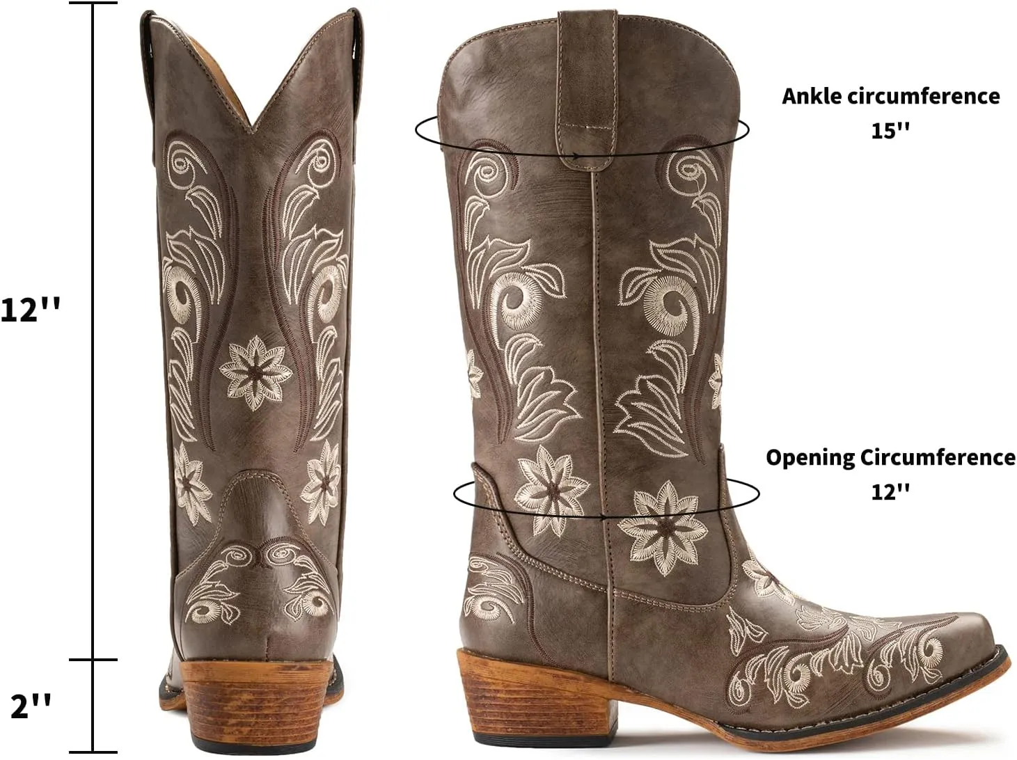 IUV Cowboy Boots For Women Mid Calf Cowgirl Boots Embroidered Pull-On Tabs Snip Toe Boot