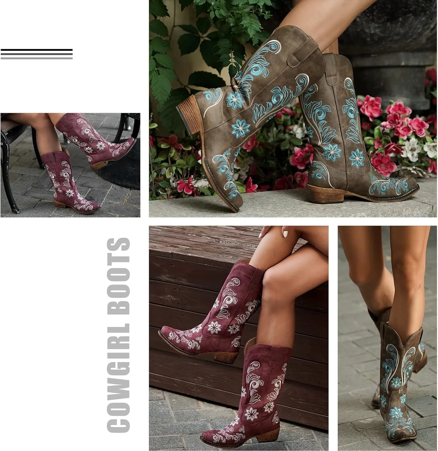 IUV Cowboy Boots For Women Mid Calf Cowgirl Boots Embroidered Pull-On Tabs Snip Toe Boot