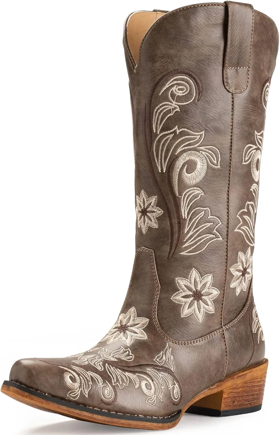 IUV Cowboy Boots For Women Mid Calf Cowgirl Boots Embroidered Pull-On Tabs Snip Toe Boot