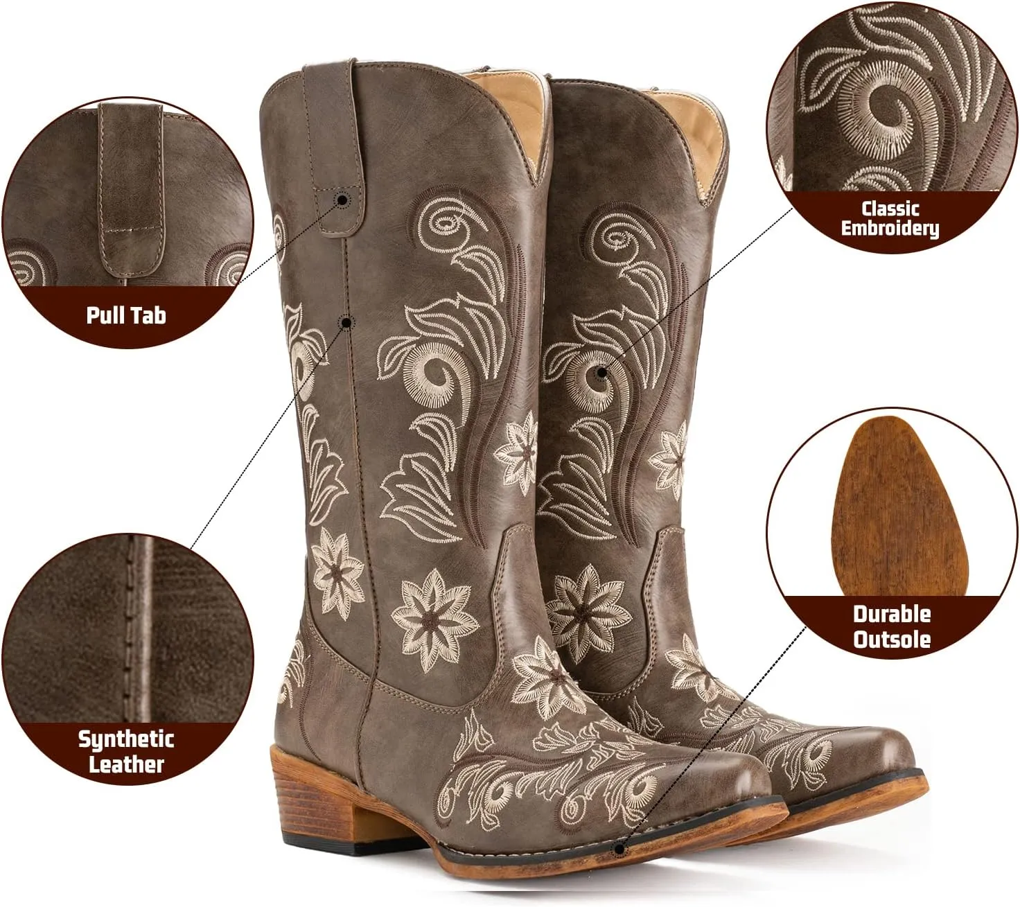 IUV Cowboy Boots For Women Mid Calf Cowgirl Boots Embroidered Pull-On Tabs Snip Toe Boot