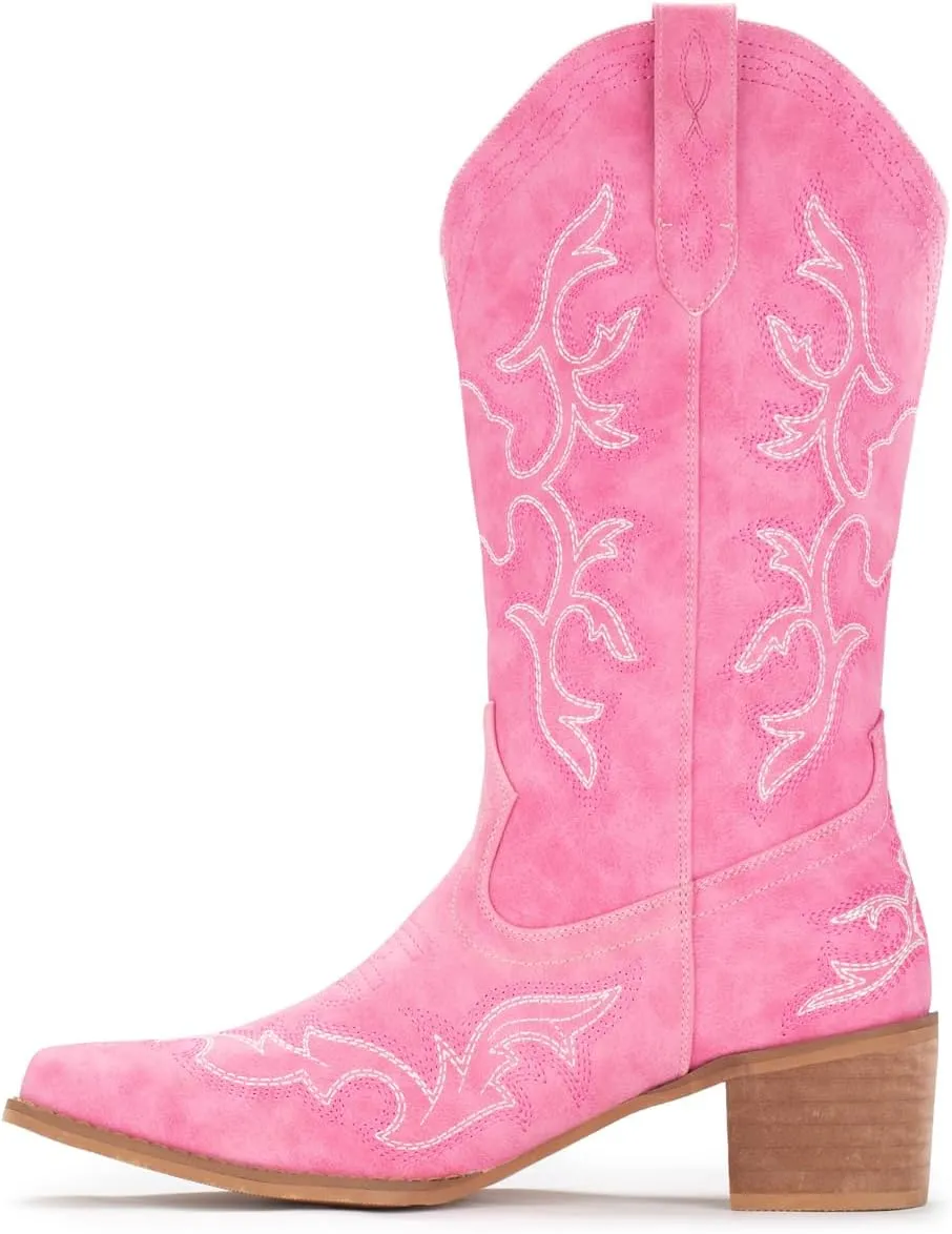 IUV Cowboy Boots For Women Western Boots Cowgirl Classic Fashion Embroidered Pointy Toe Boots