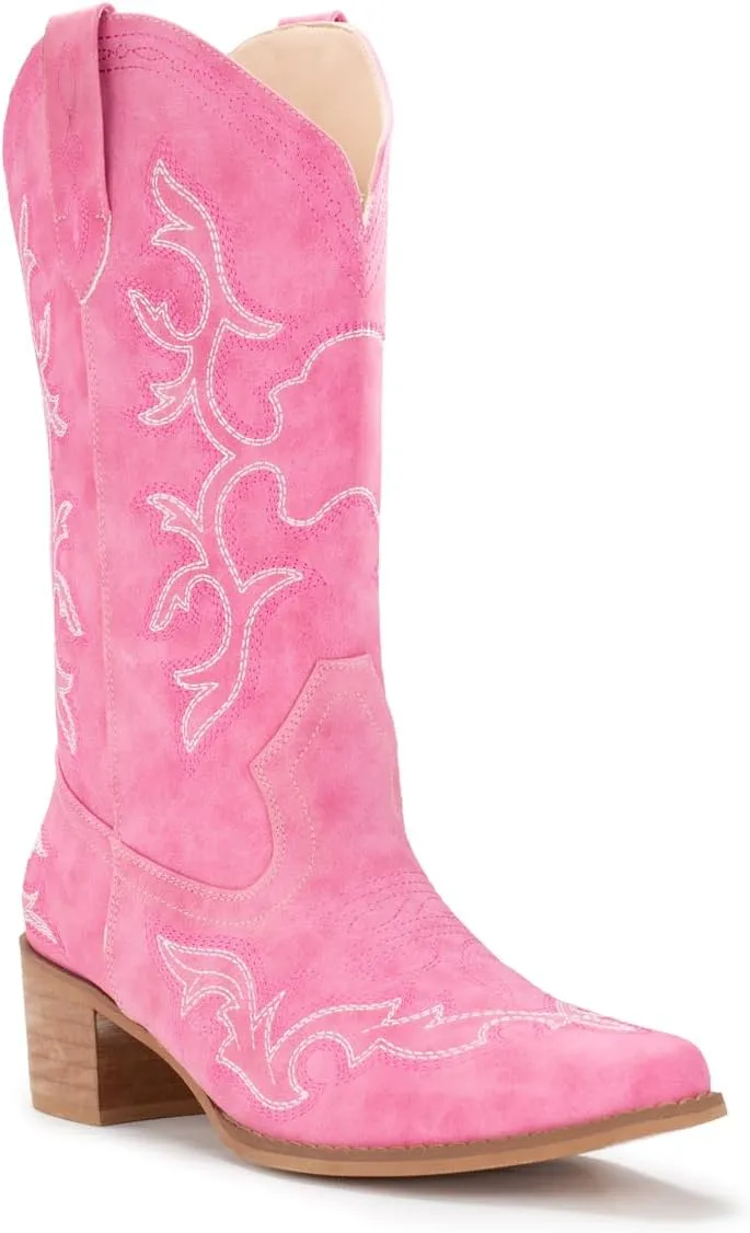 IUV Cowboy Boots For Women Western Boots Cowgirl Classic Fashion Embroidered Pointy Toe Boots