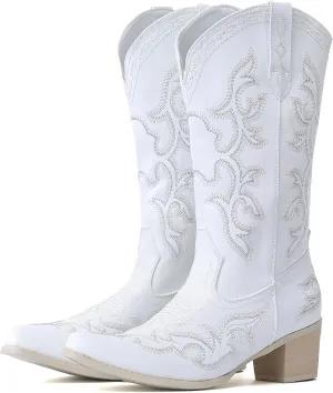 IUV Cowboy Boots For Women Western Boots Cowgirl Classic Fashion Embroidered Pointy Toe Boots