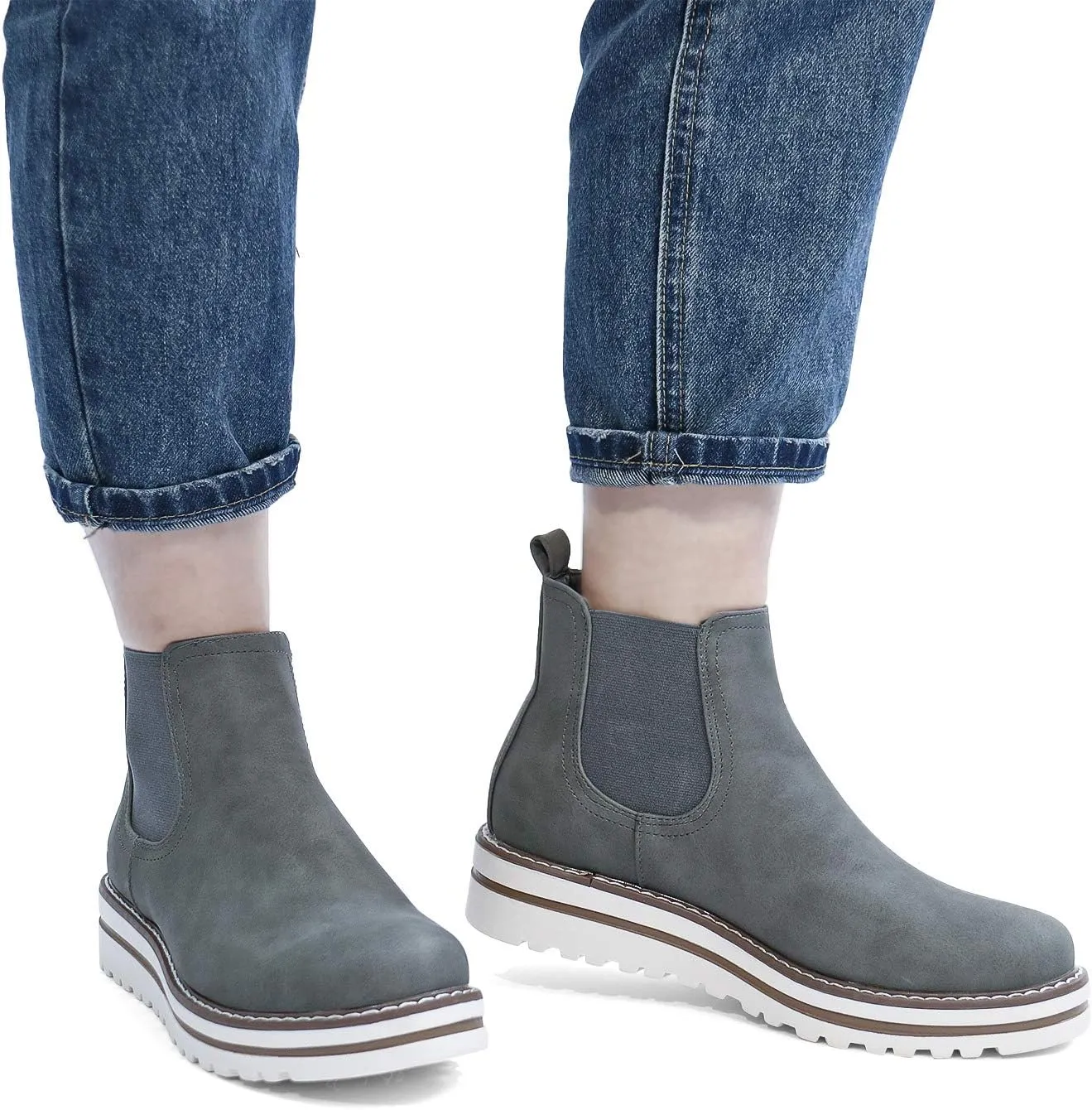 JABASIC Womens Chelsea Elastic Ankle Boots Waterproof Flat Boots