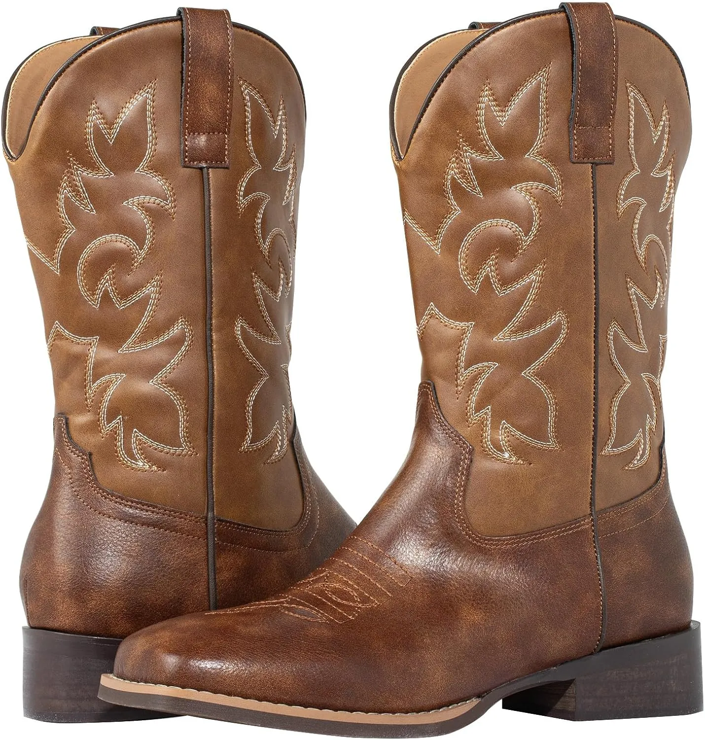 J's.o.l.e Western Mens Cowboy Boots Square Toe Wide Calf Pull On Slip Resistant Country Work Riding Leather Boot Brown