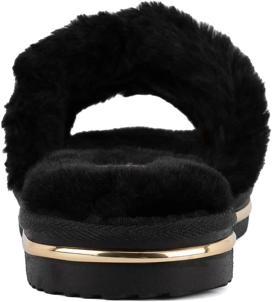 Juicy Couture Women's Faux Fur Slide Sandal Slippers, Open Toe, Comfortable Indoor Outdoor House Shoes