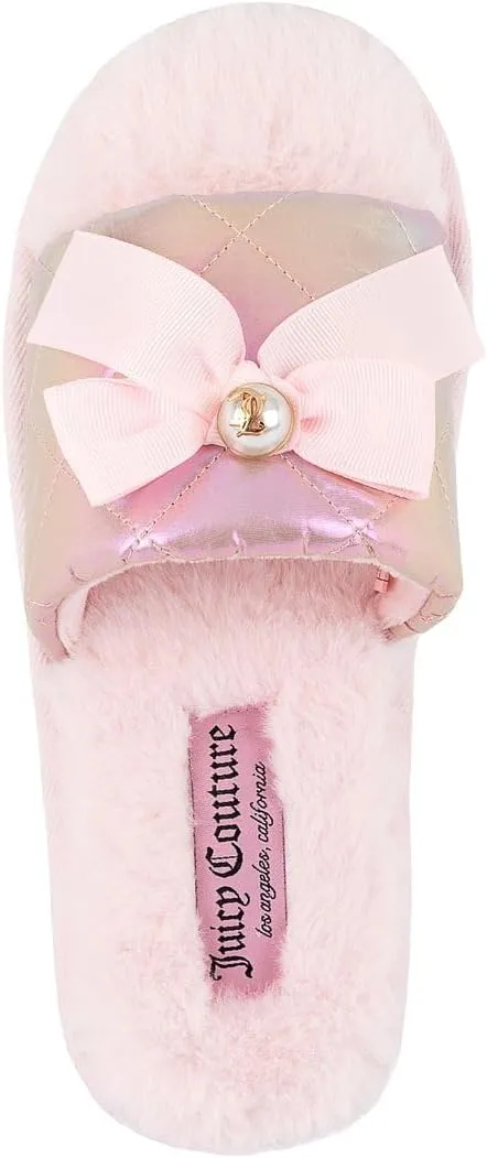 Juicy Couture Women's Faux Fur Slide Sandal Slippers, Open Toe, Comfortable Indoor Outdoor House Shoes