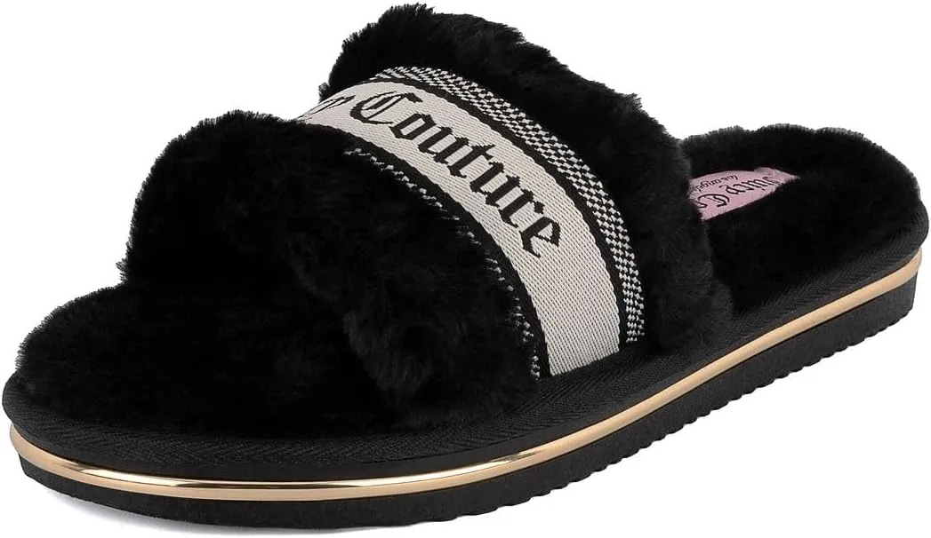 Juicy Couture Women's Faux Fur Slide Sandal Slippers, Open Toe, Comfortable Indoor Outdoor House Shoes