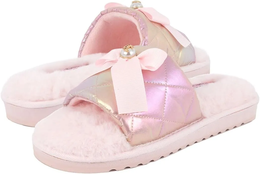 Juicy Couture Women's Faux Fur Slide Sandal Slippers, Open Toe, Comfortable Indoor Outdoor House Shoes