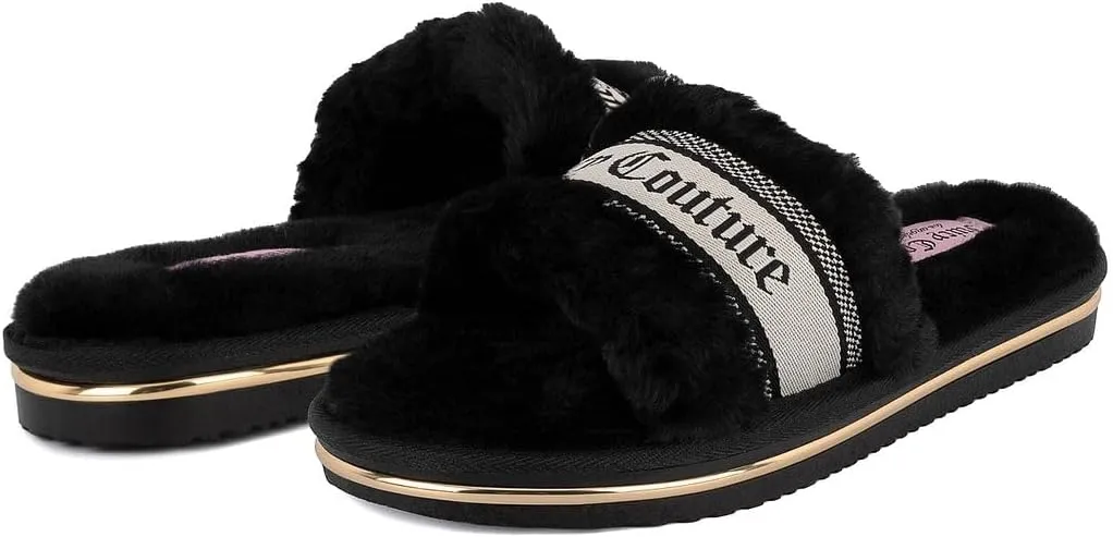 Juicy Couture Women's Faux Fur Slide Sandal Slippers, Open Toe, Comfortable Indoor Outdoor House Shoes