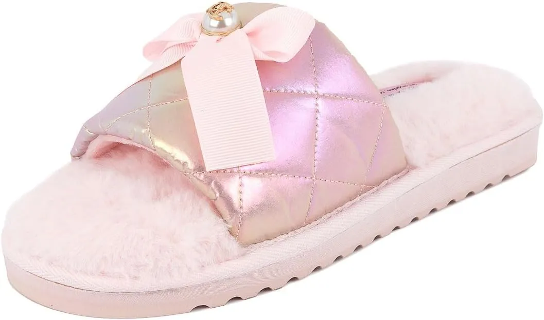 Juicy Couture Women's Faux Fur Slide Sandal Slippers, Open Toe, Comfortable Indoor Outdoor House Shoes