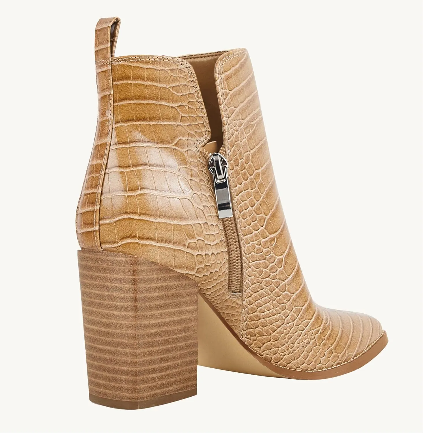 Juliet Holy Women's V Cut Ankle Boots Pointed Toe Stacked Chunky Heel Side Zipper Leather Cutout Western Booties