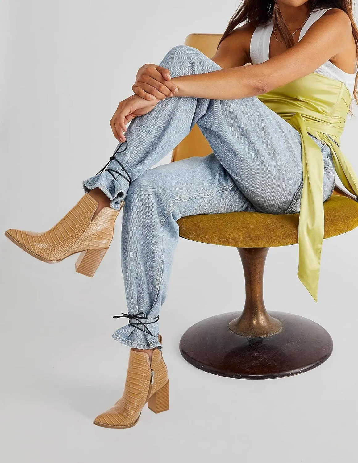 Juliet Holy Women's V Cut Ankle Boots Pointed Toe Stacked Chunky Heel Side Zipper Leather Cutout Western Booties