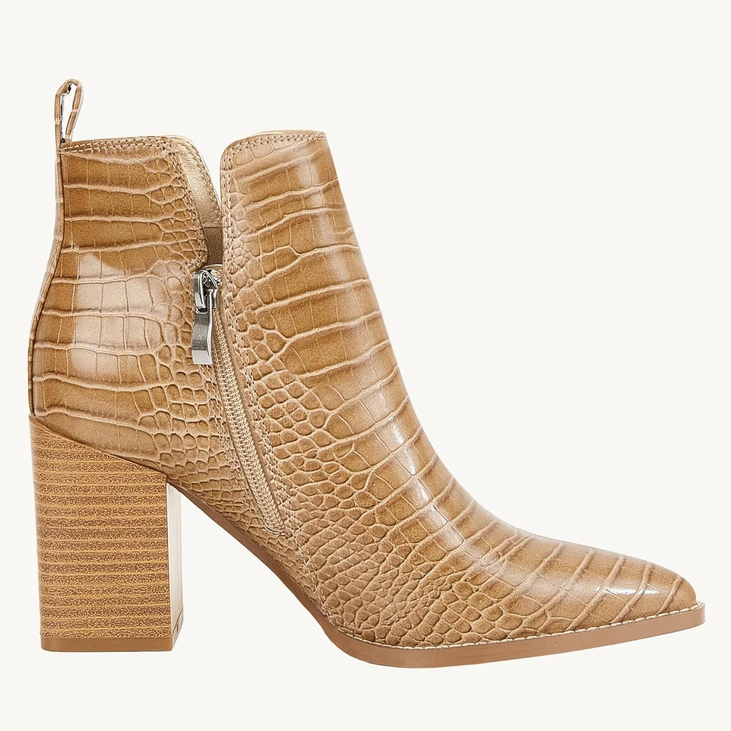 Juliet Holy Women's V Cut Ankle Boots Pointed Toe Stacked Chunky Heel Side Zipper Leather Cutout Western Booties