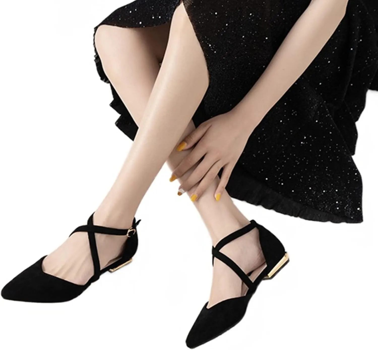 Julymens Women's Pointed Toe Ballet Flats Cross Ankle Strap D'Orsay Mary Janes