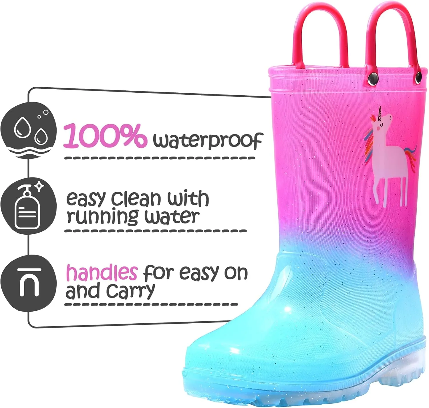 K KomForme Toddler Light Up Rain Boots for Girls Boys Waterproof Rain Boots with Handles Outdoors