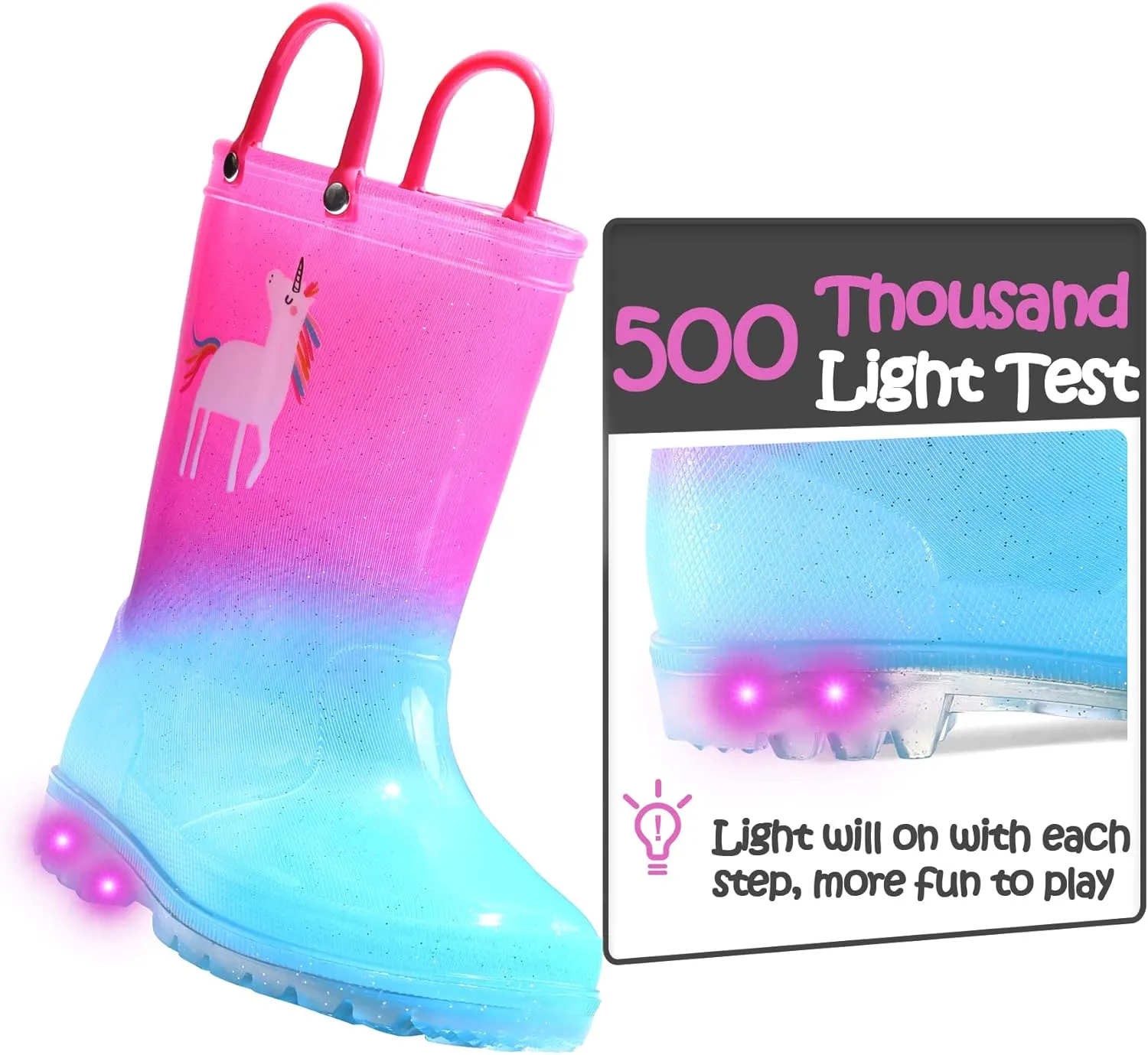 K KomForme Toddler Light Up Rain Boots for Girls Boys Waterproof Rain Boots with Handles Outdoors
