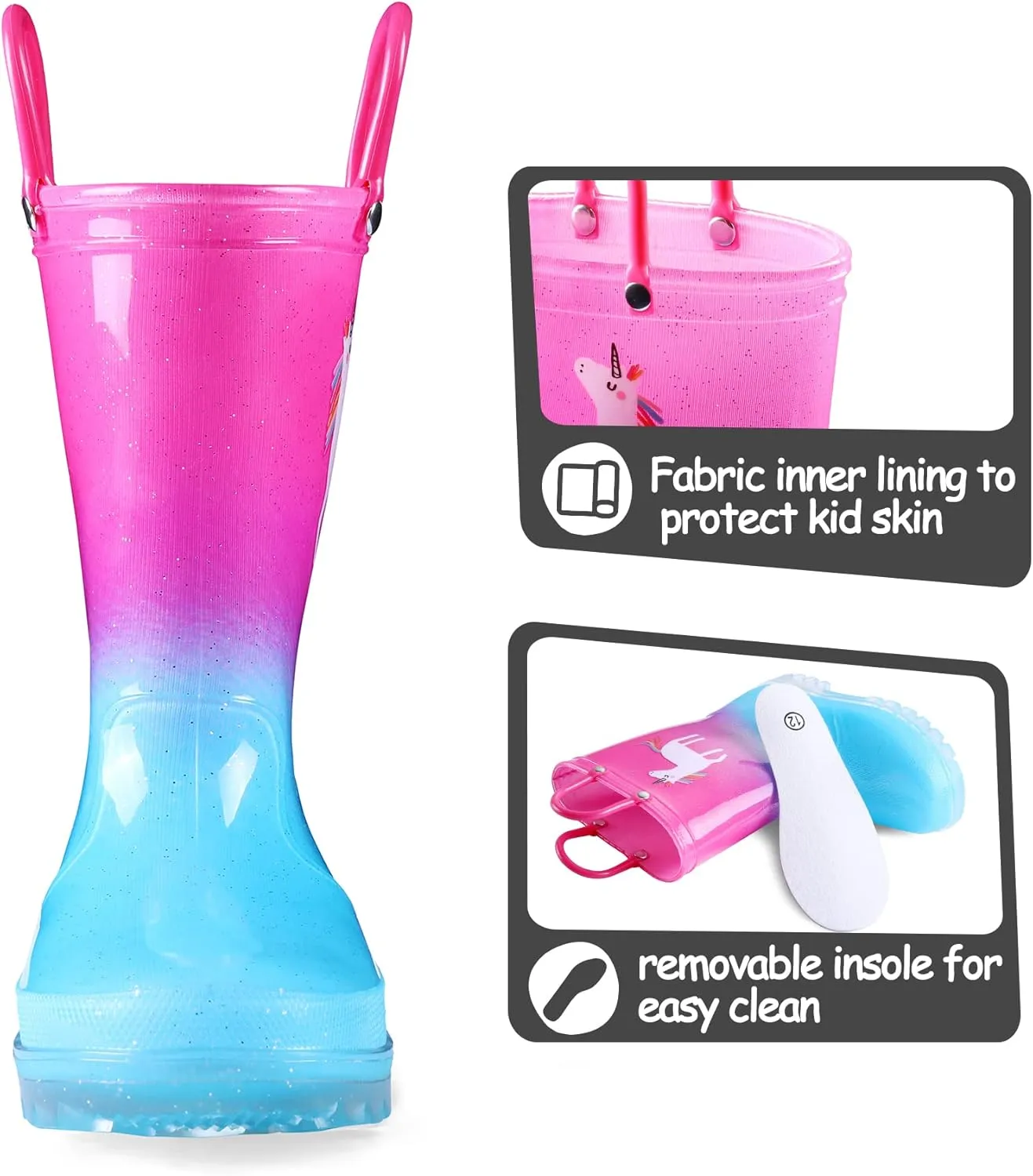 K KomForme Toddler Light Up Rain Boots for Girls Boys Waterproof Rain Boots with Handles Outdoors