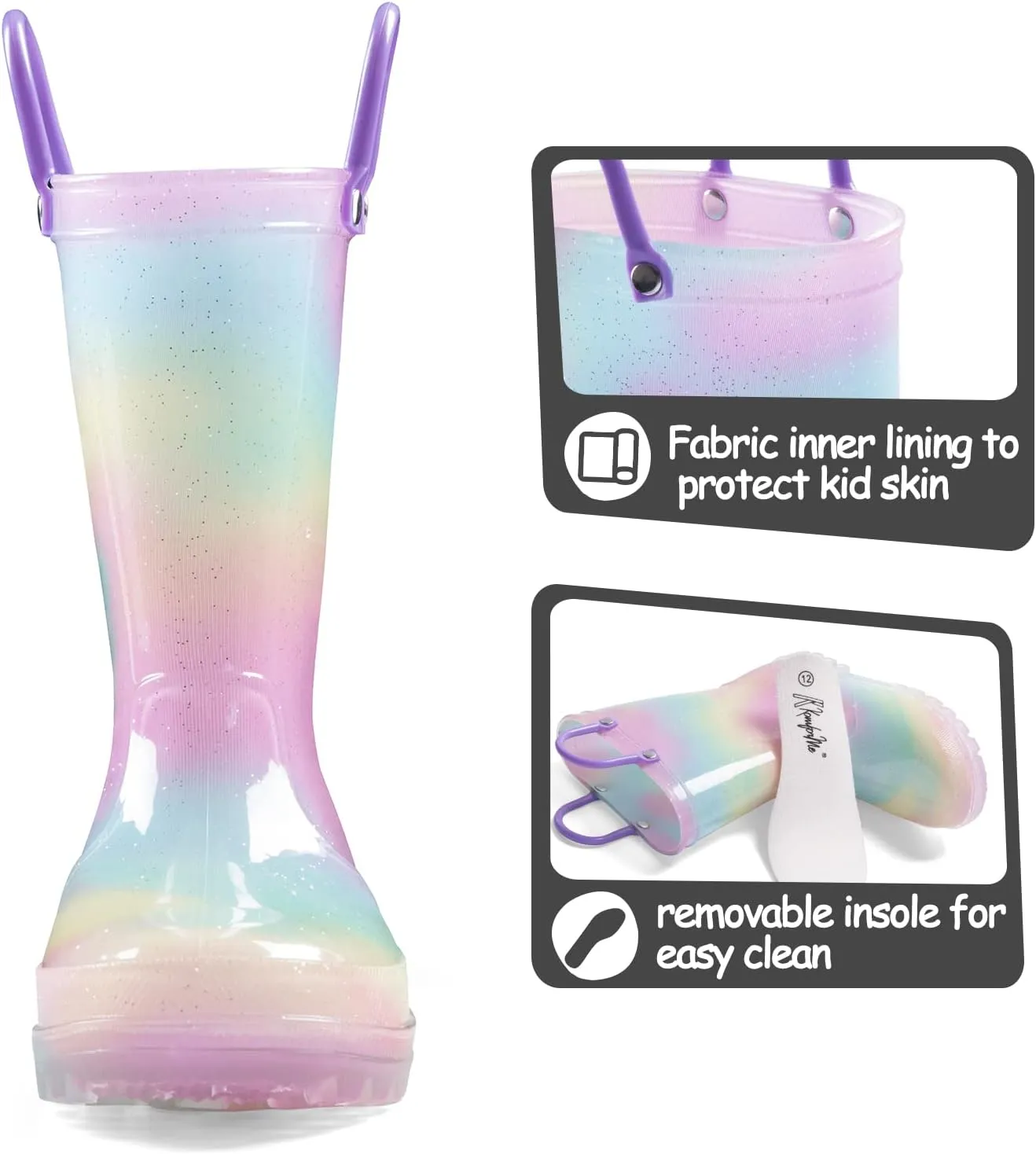 K KomForme Toddler Light Up Rain Boots for Girls Boys Waterproof Rain Boots with Handles Outdoors