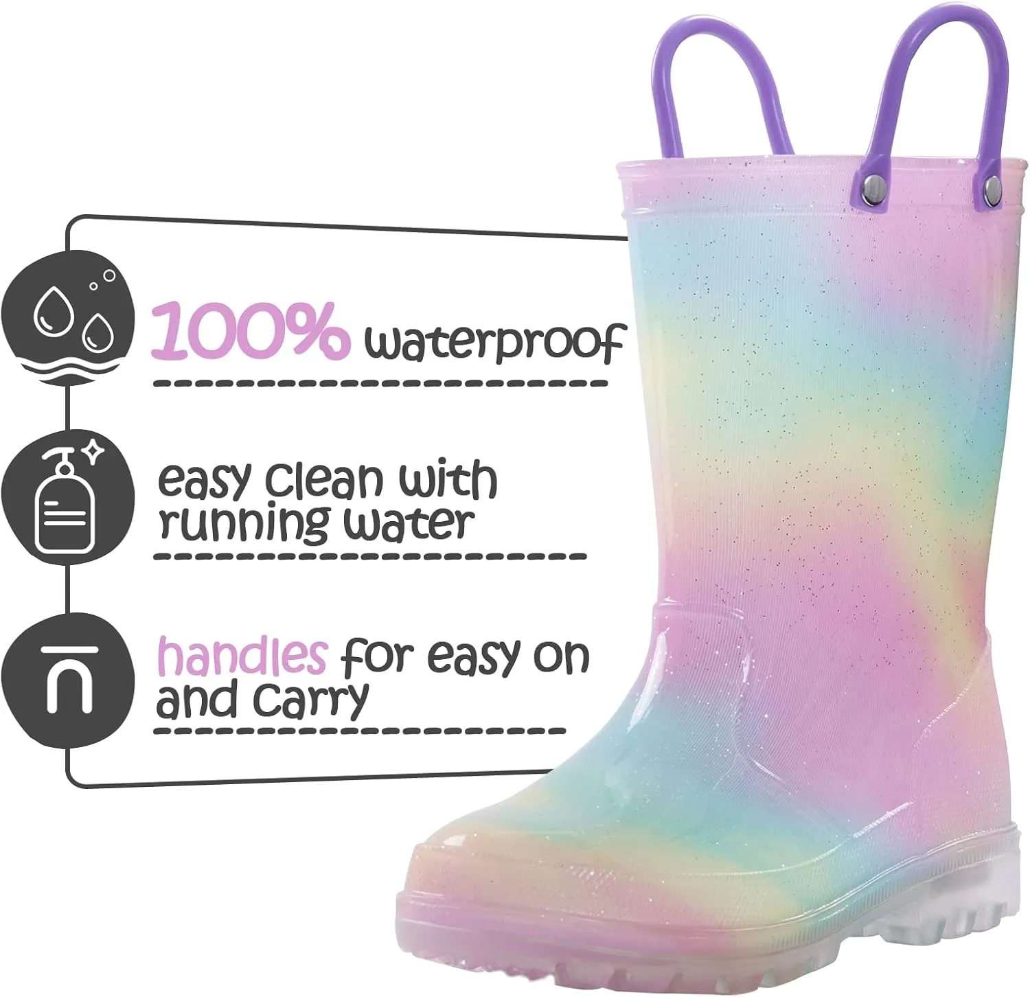 K KomForme Toddler Light Up Rain Boots for Girls Boys Waterproof Rain Boots with Handles Outdoors