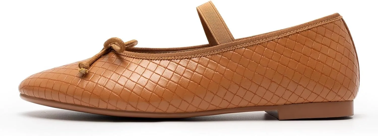 KaroNairy Women Mesh Ballet Flats Round Toe Mary Jane Flats Comfortable Bow Woven Ballerina Shoes with Elastic Strap