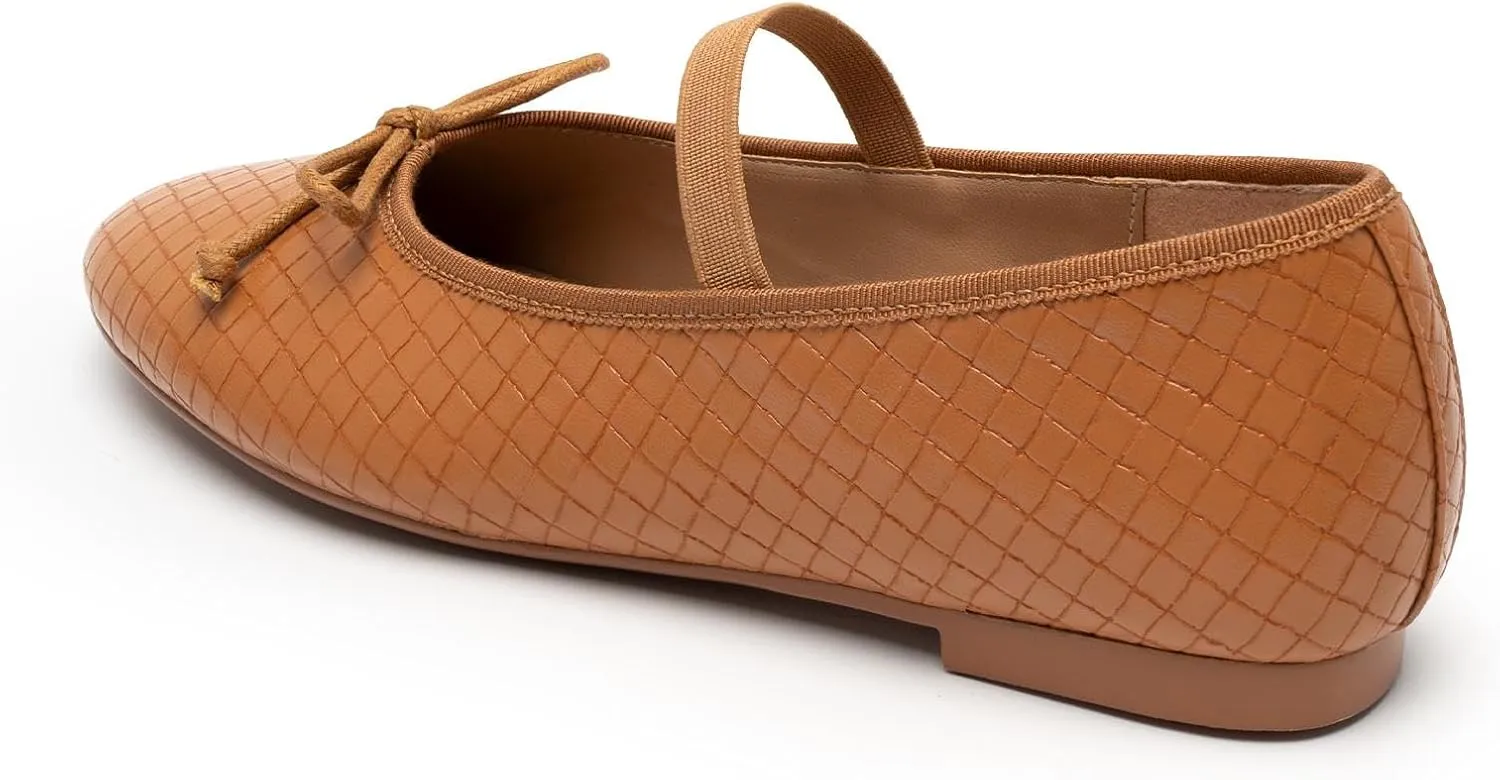 KaroNairy Women Mesh Ballet Flats Round Toe Mary Jane Flats Comfortable Bow Woven Ballerina Shoes with Elastic Strap