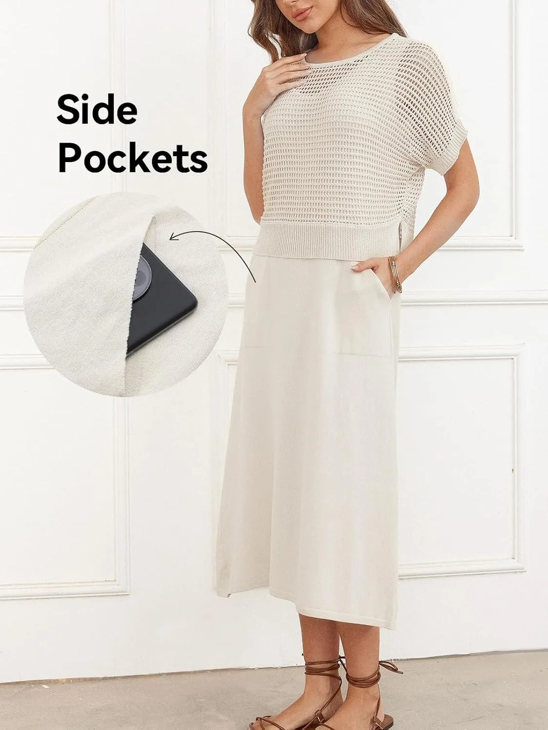 KEOMUD Women's Summer 2 Piece Outfits Knit Dress Set 2025 Casual Crochet Top and Sleeveless Flowy Sweater Dress with Pockets
