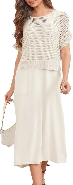 KEOMUD Women's Summer 2 Piece Outfits Knit Dress Set 2025 Casual Crochet Top and Sleeveless Flowy Sweater Dress with Pockets