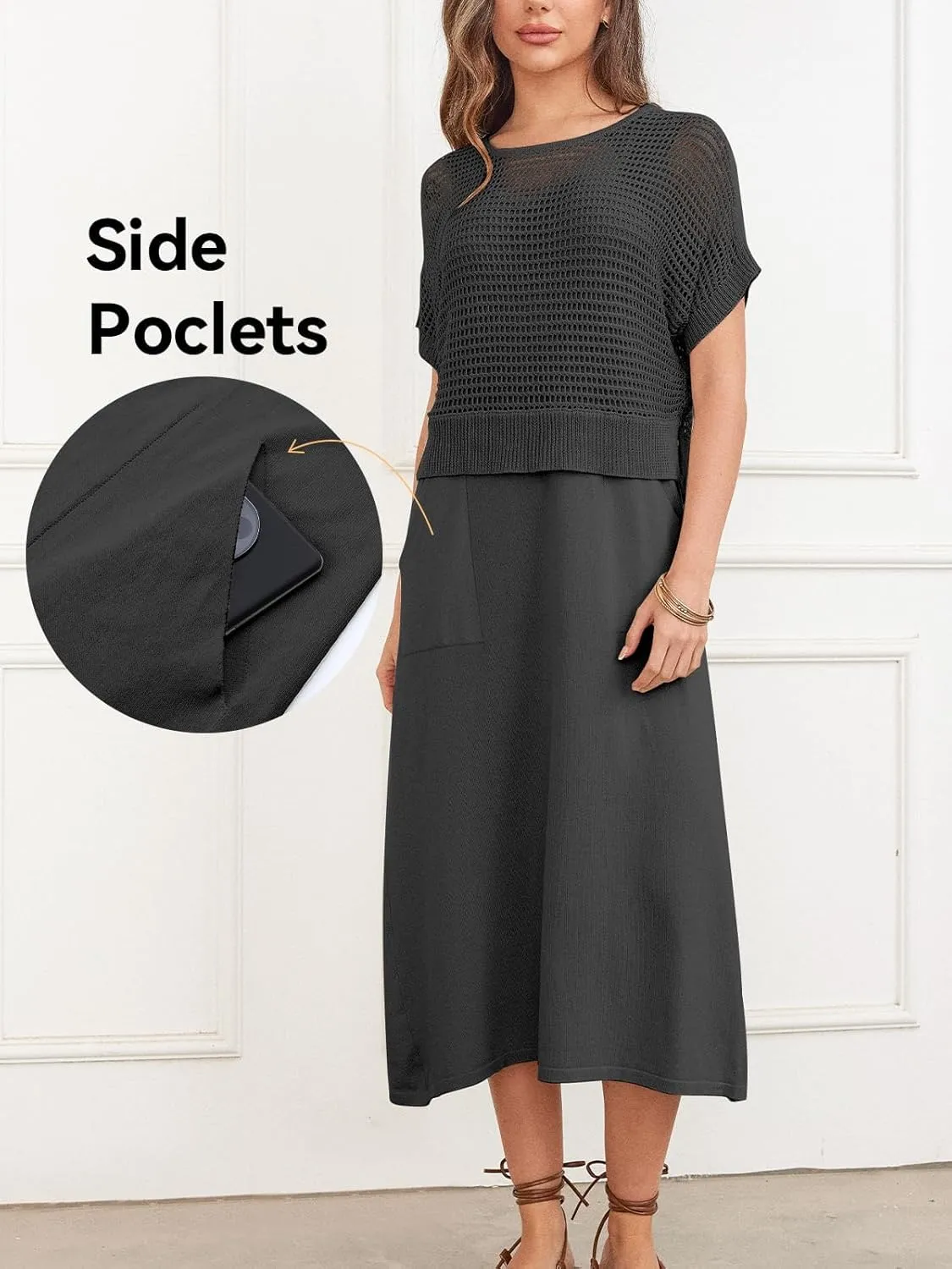 KEOMUD Women's Summer 2 Piece Outfits Knit Dress Set 2025 Casual Crochet Top and Sleeveless Flowy Sweater Dress with Pockets