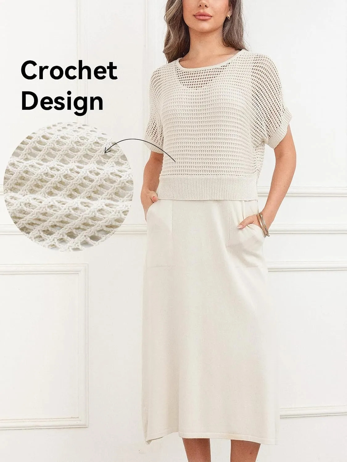 KEOMUD Women's Summer 2 Piece Outfits Knit Dress Set 2025 Casual Crochet Top and Sleeveless Flowy Sweater Dress with Pockets