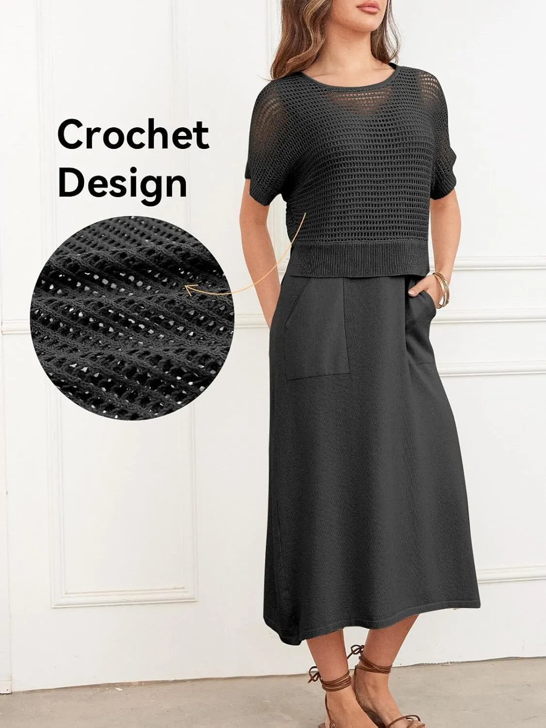 KEOMUD Women's Summer 2 Piece Outfits Knit Dress Set 2025 Casual Crochet Top and Sleeveless Flowy Sweater Dress with Pockets