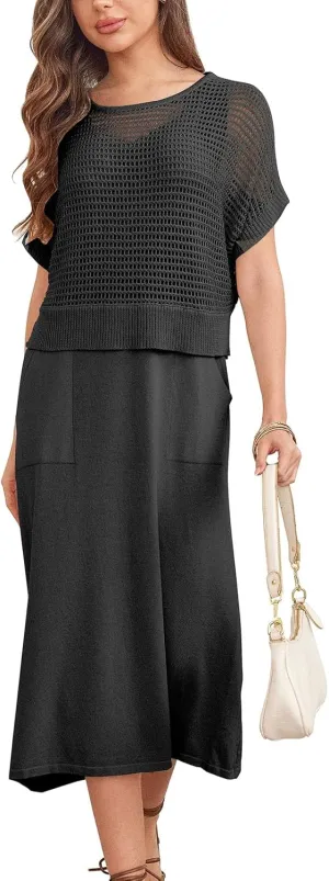 KEOMUD Women's Summer 2 Piece Outfits Knit Dress Set 2025 Casual Crochet Top and Sleeveless Flowy Sweater Dress with Pockets
