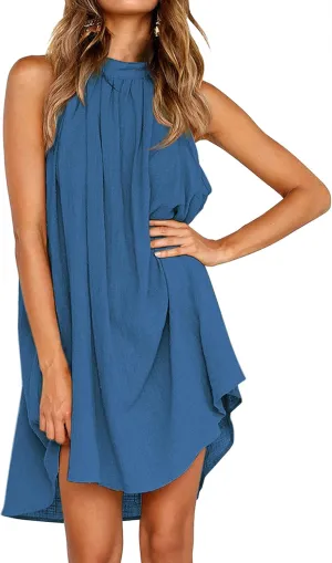 KIRUNDO Women's 2025 Summer Halter Neck Sleeveless Mini Dress Loose Tank Top Pleated Flowy Short Beach Sundresses