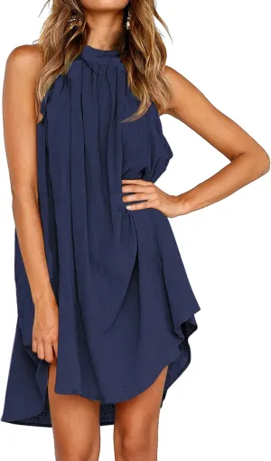 KIRUNDO Women's 2025 Summer Halter Neck Sleeveless Mini Dress Loose Tank Top Pleated Flowy Short Beach Sundresses