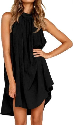 KIRUNDO Women's 2025 Summer Halter Neck Sleeveless Mini Dress Loose Tank Top Pleated Flowy Short Beach Sundresses