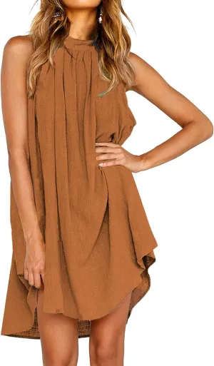 KIRUNDO Women's 2025 Summer Halter Neck Sleeveless Mini Dress Loose Tank Top Pleated Flowy Short Beach Sundresses