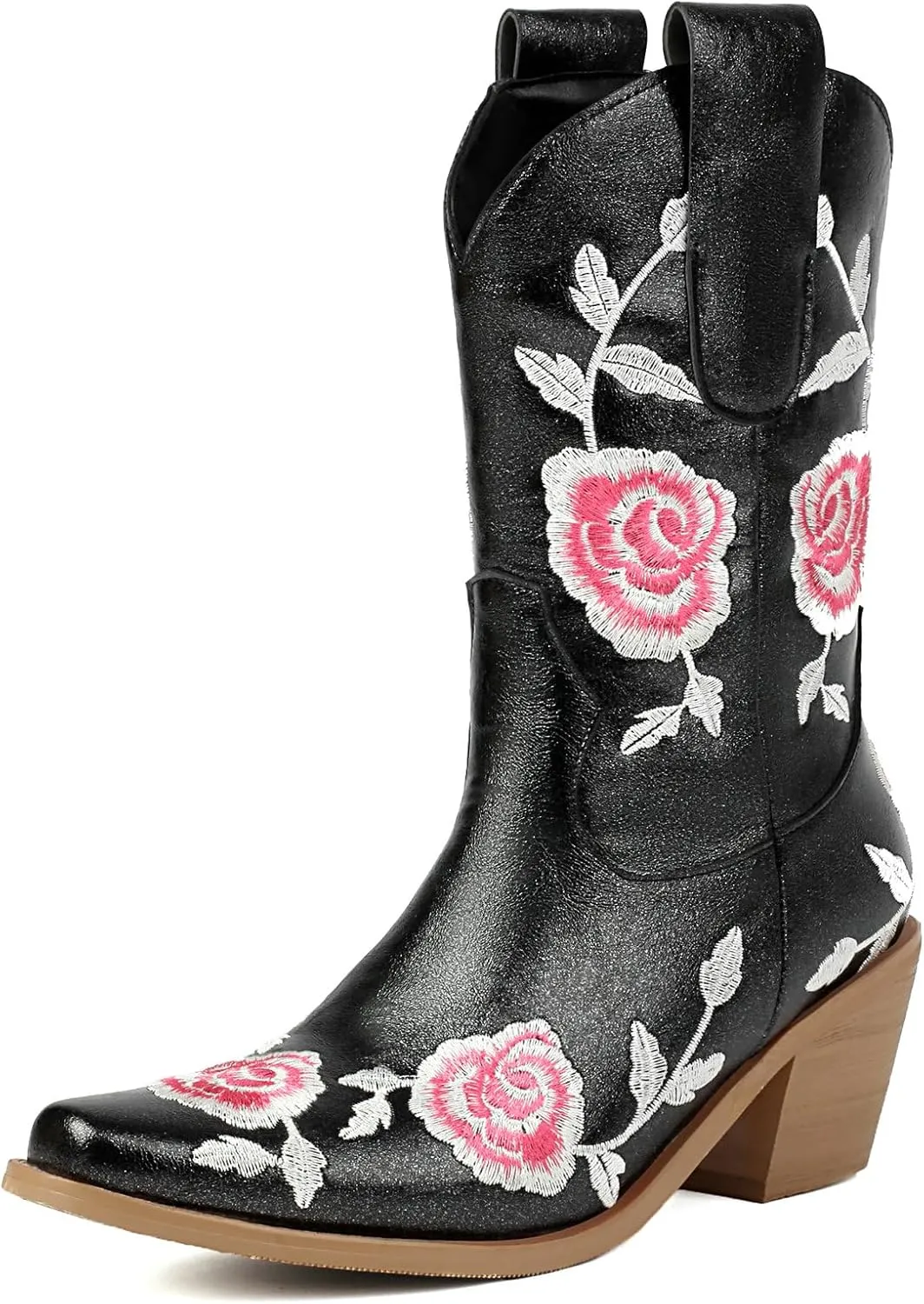 KiutSymo Women Cowgirl Boots Mid Calf Western Boots Floral Embroidered Square Toe Cowboy Boots for Women Block Chunky Heel Pull-On Tabs Retro Ladies Boots