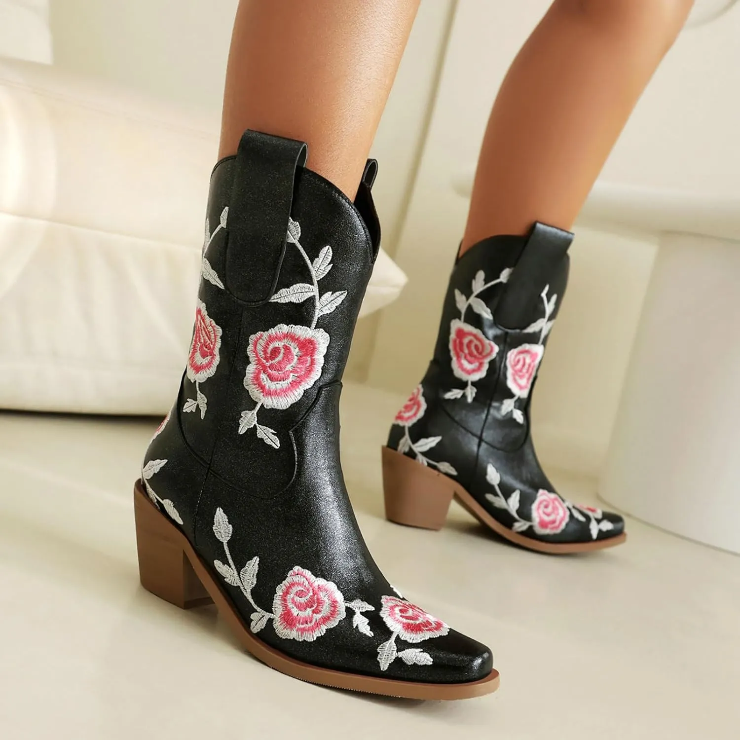 KiutSymo Women Cowgirl Boots Mid Calf Western Boots Floral Embroidered Square Toe Cowboy Boots for Women Block Chunky Heel Pull-On Tabs Retro Ladies Boots