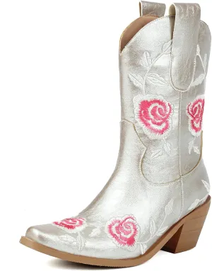 KiutSymo Women Cowgirl Boots Mid Calf Western Boots Floral Embroidered Square Toe Cowboy Boots for Women Block Chunky Heel Pull-On Tabs Retro Ladies Boots
