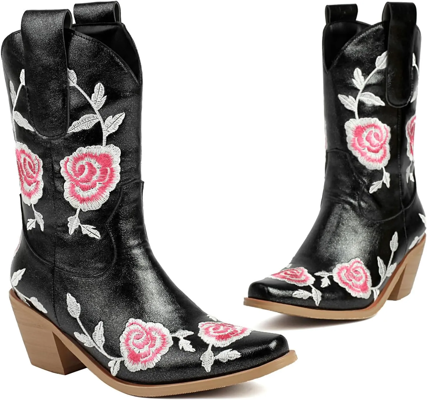 KiutSymo Women Cowgirl Boots Mid Calf Western Boots Floral Embroidered Square Toe Cowboy Boots for Women Block Chunky Heel Pull-On Tabs Retro Ladies Boots