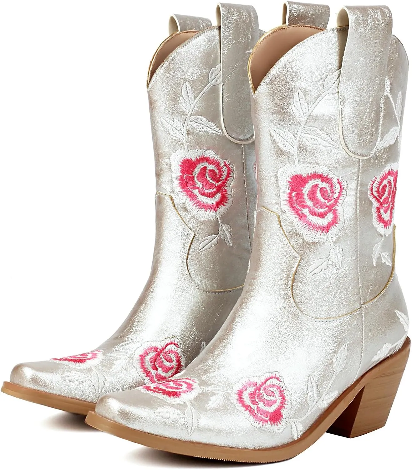 KiutSymo Women Cowgirl Boots Mid Calf Western Boots Floral Embroidered Square Toe Cowboy Boots for Women Block Chunky Heel Pull-On Tabs Retro Ladies Boots