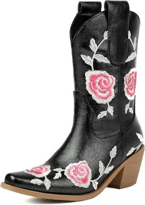 KiutSymo Women Cowgirl Boots Mid Calf Western Boots Floral Embroidered Square Toe Cowboy Boots for Women Block Chunky Heel Pull-On Tabs Retro Ladies Boots