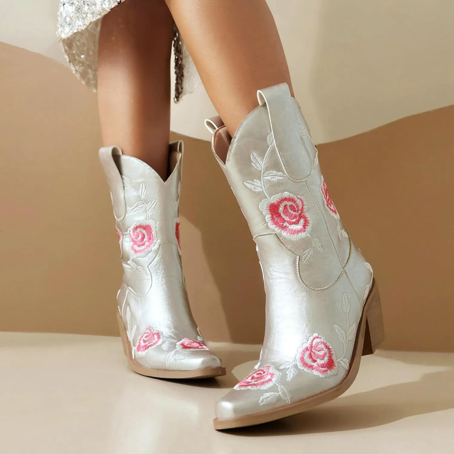 KiutSymo Women Cowgirl Boots Mid Calf Western Boots Floral Embroidered Square Toe Cowboy Boots for Women Block Chunky Heel Pull-On Tabs Retro Ladies Boots