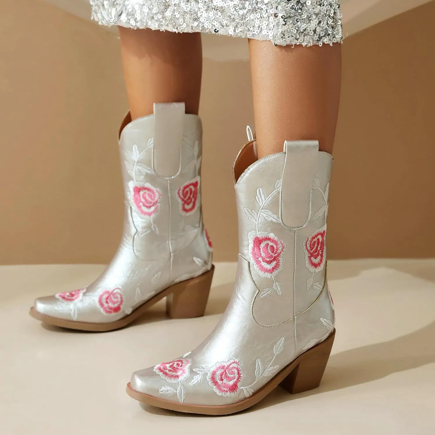 KiutSymo Women Cowgirl Boots Mid Calf Western Boots Floral Embroidered Square Toe Cowboy Boots for Women Block Chunky Heel Pull-On Tabs Retro Ladies Boots