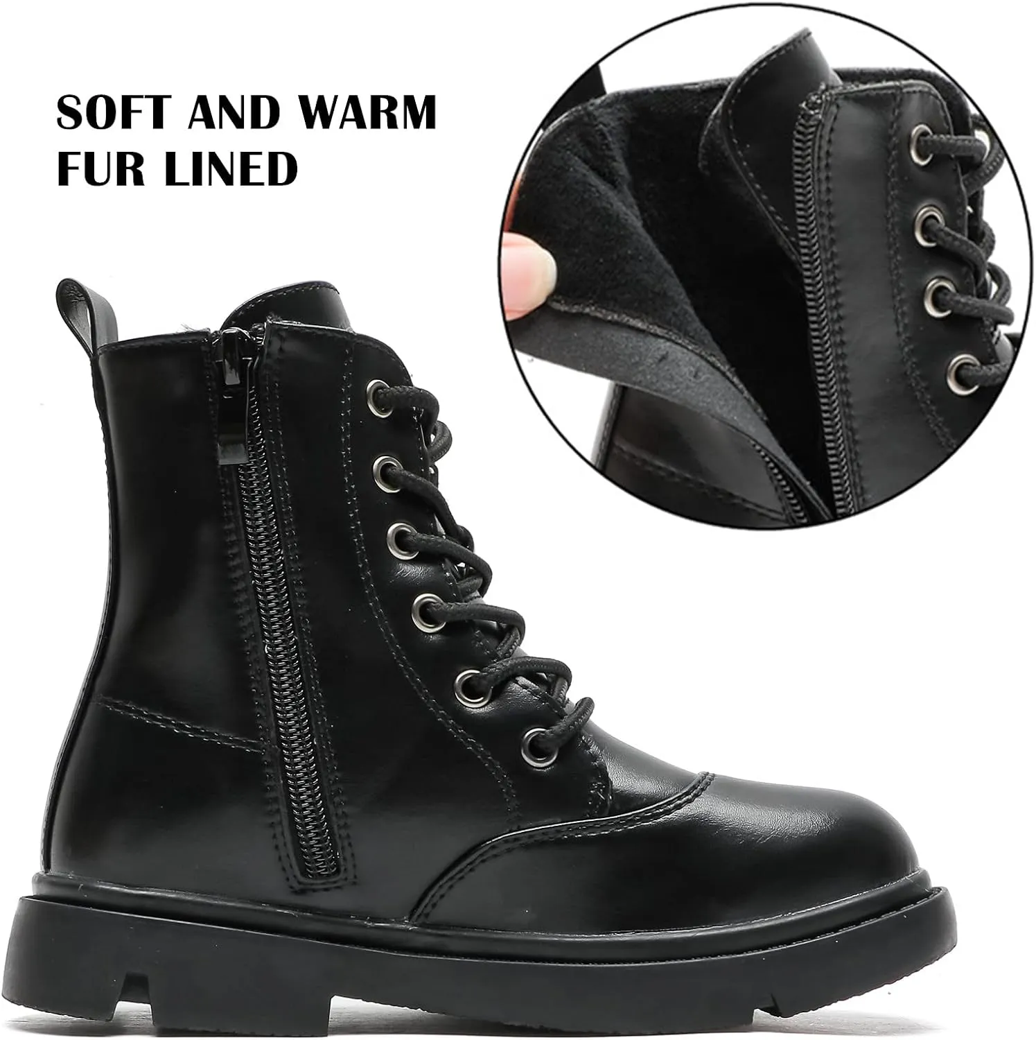 kkdom Boys Girls Waterproof Lace Up Side Zipper Mid Calf Combat Boots(Toddler/Little Kid/Big Kid)