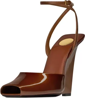 Kluolandi Women's Peep Toe Wedges Heels Patent Leather Ankle Strap Wedge Sandals for Women Fashion Party Dress Shoes